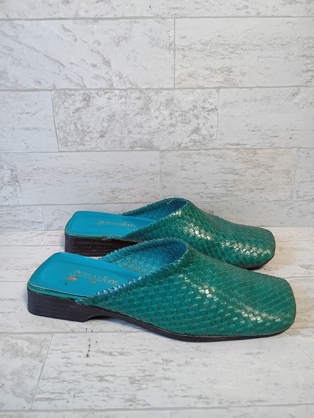 Whimsyfairy Fairycore Turquoise Teal Leather Woven Slip-On Mules Made In Brazil